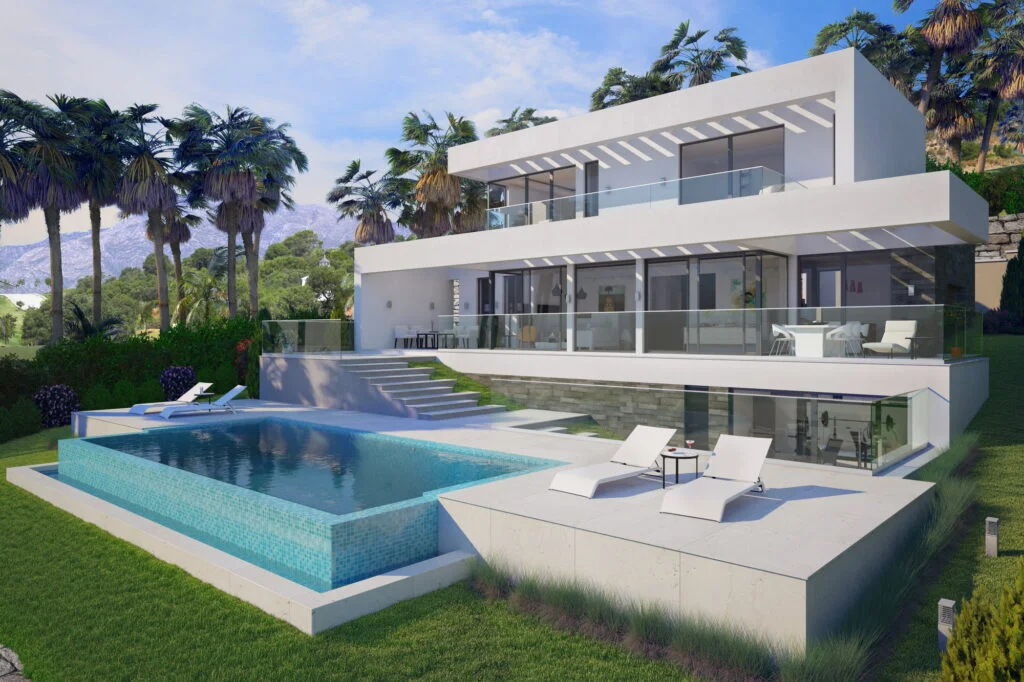 3D rendering of the villa, located in Marbella, Spain. Day view, close-up.