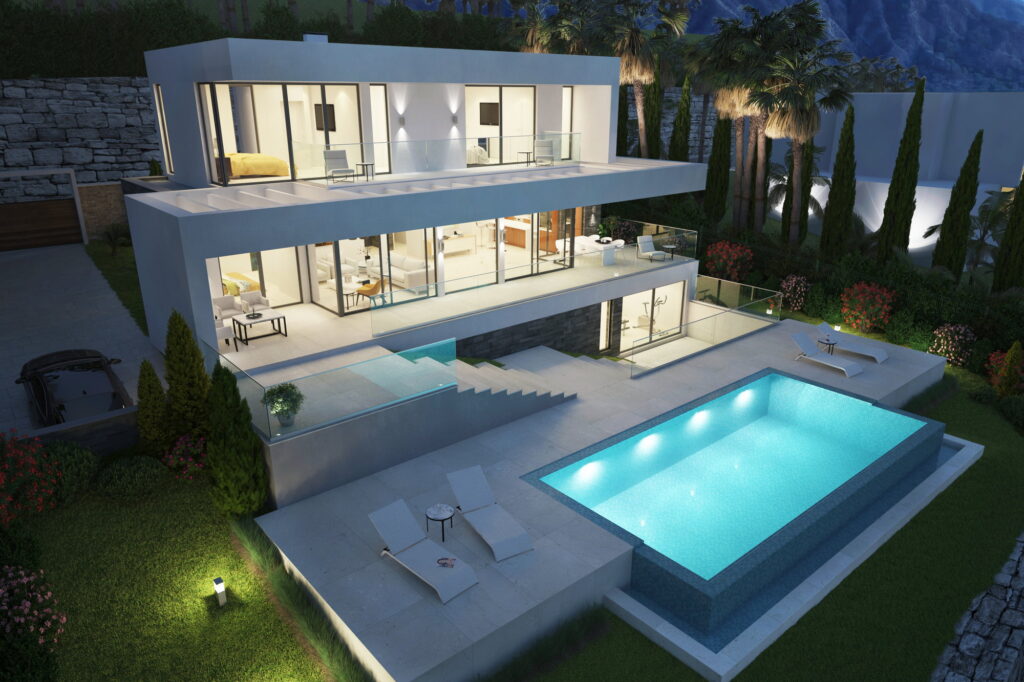 3D rendering of the villa, located in Marbella, Spain. Night view.