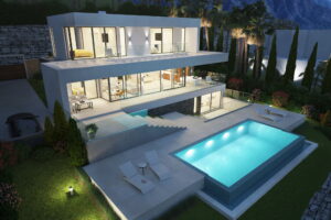 3D rendering of the villa, located in Marbella, Spain. Night view.