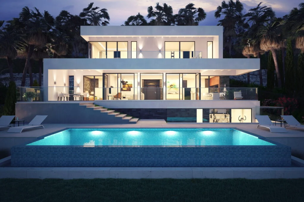3D rendering of the villa, located in Marbella, Spain. Night front view.