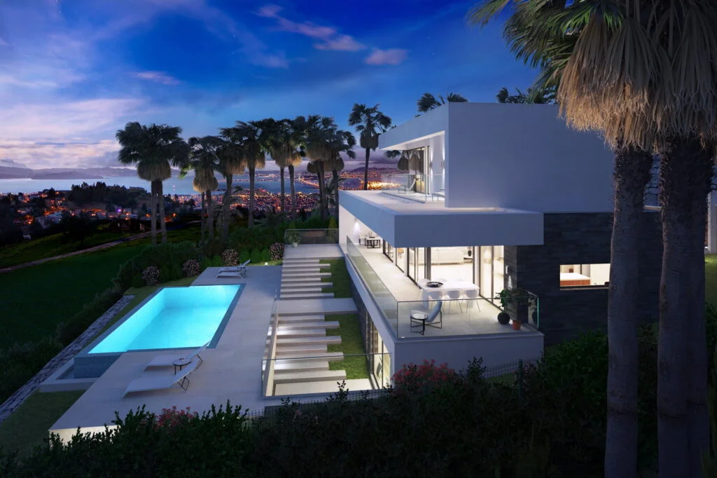 3D rendering of the villa, located in Marbella, Spain. Night view of the villa, the sea, and the city.