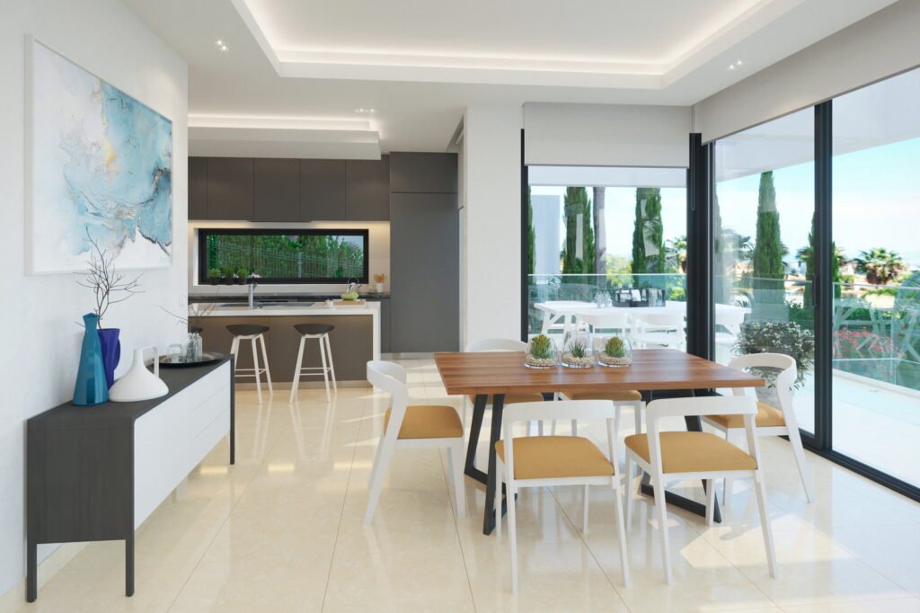 Interiors of the villa designed by our team and developer. 3D renderings were created for a real estate developer to sell the property. View on the kitchen table. Marbella, Spain.