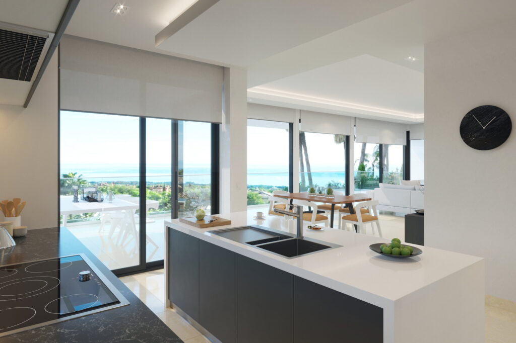 Interior design of the villa, a collaborative effort by our team and the developer. We crafted 3D renderings specifically for a real estate developer to showcase the property. Here's a glimpse of the kitchen island and the main living space. Located in Marbella, Spain.
