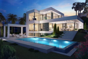 Private house 3D rendering, Marbella, Spain. Pool view, evening.