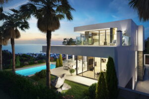 A breathtaking 3D rendering of the evening ambiance at this stunning house with full-height windows, white exterior and interior walls and an expansive open terrace in Marbella, Spain.