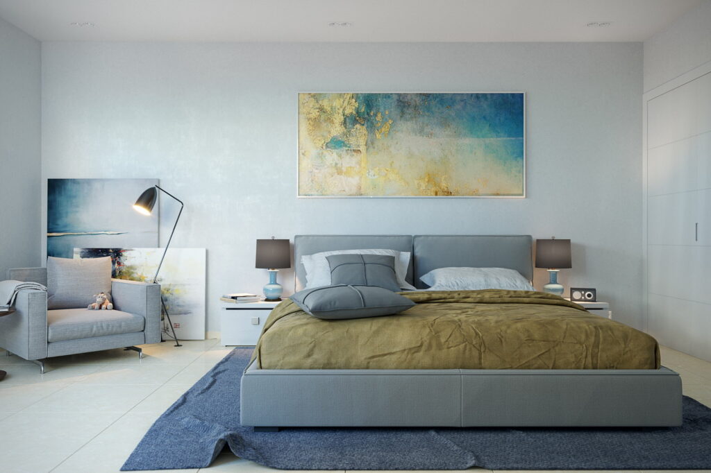 Stylish bedroom 3d rendering, mixed light.