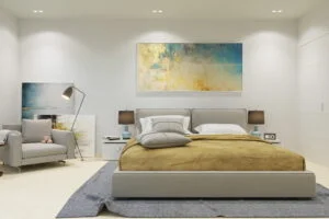 Stylish bedroom 3d rendering, artificial lighting.