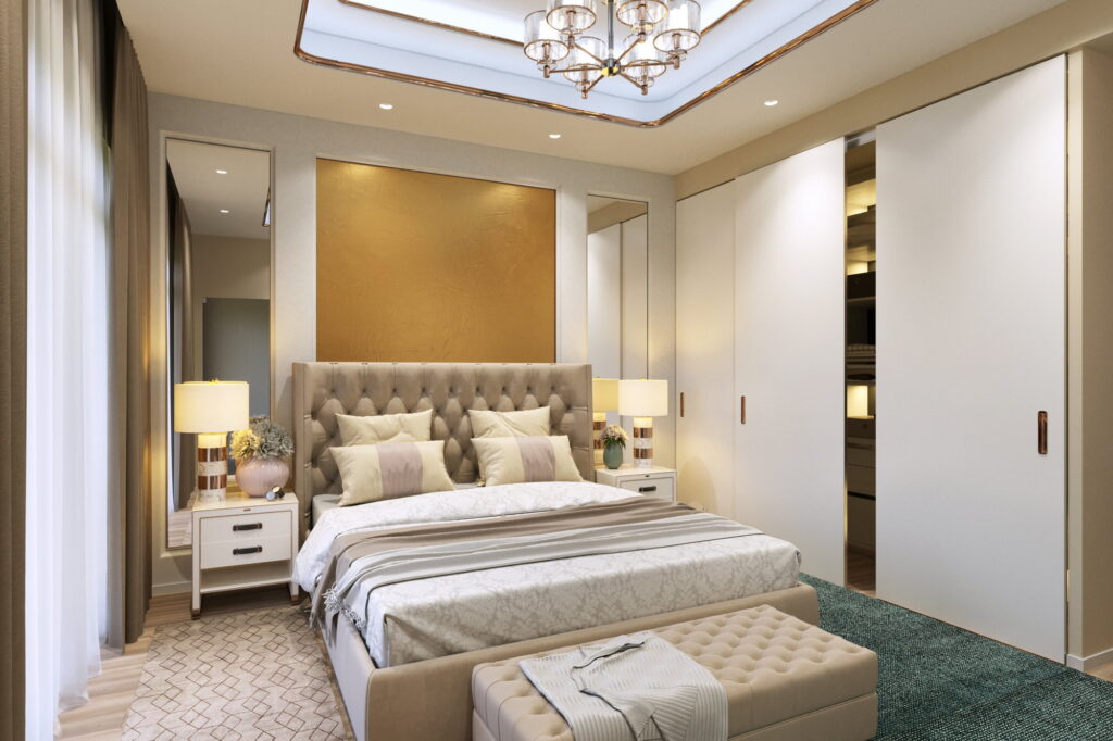 3D rendering of a bedroom with a classic-style interior design.