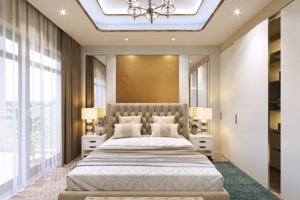 3D rendering of a bedroom with a classic-style interior design.