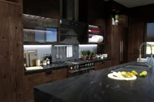 3D rendering of a kitchen interior design.
