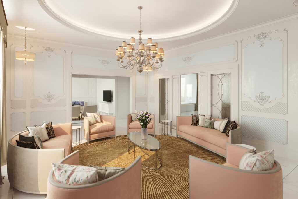 3D rendering of a women's hall in a private estate, Dubai, UAE.