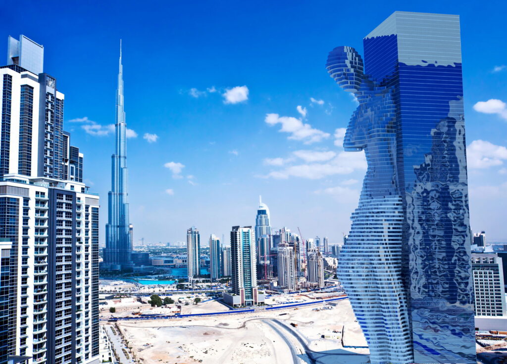 Close-up 3D rendering of a tower skyscraper in Dubai, UAE, highlighting a daytime view.