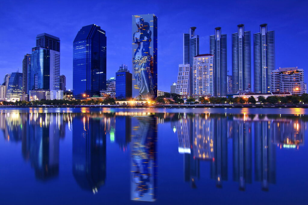 3D rendering of a residential-office high-rise building in Miami, Florida, USA, featuring an evening view.