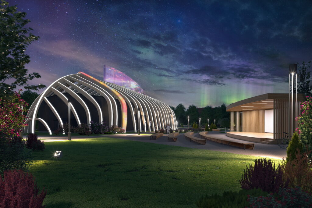 3D rendering of a mixed-use building complex with a combination of sports and recreational functions, evening view.
