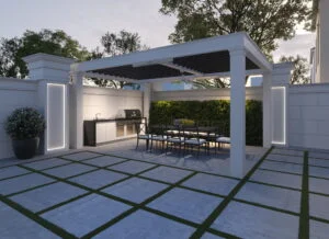 3D rendering of a private house yard in New York, gazebo design