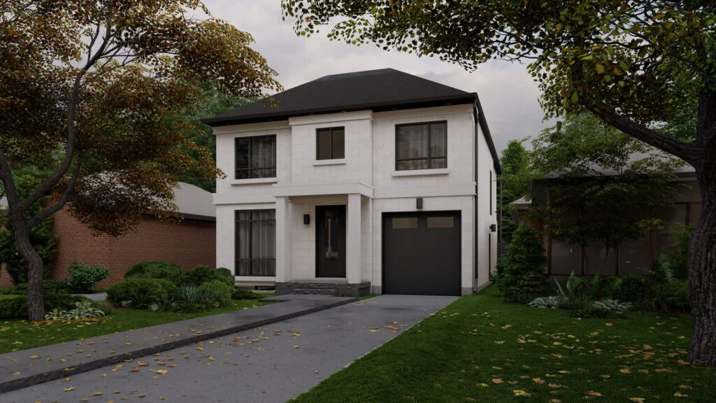 Private house 3D rendering, located in Ontario, Toronto, Canada. Rainy mood.
