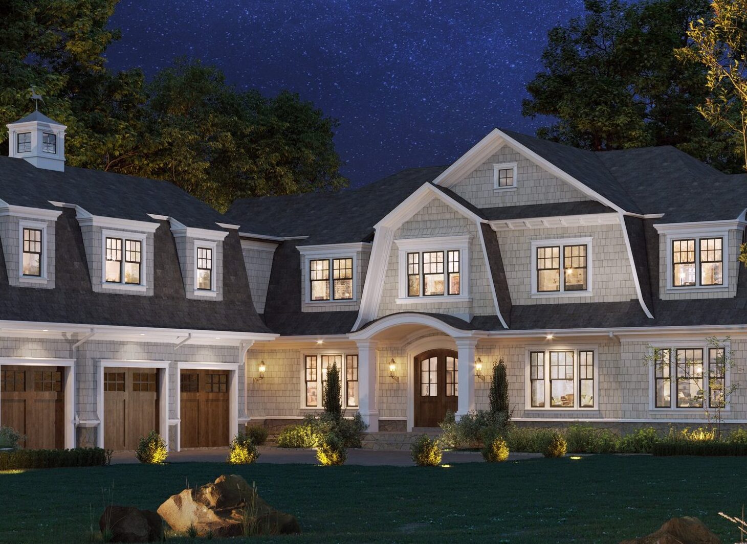 3D rendering of a shingled private house in the Wayne area, NJ, USA.